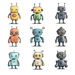 Nine Adorable Retro Robots Collection: A Delightful Set of Whimsical Robot Illustrations