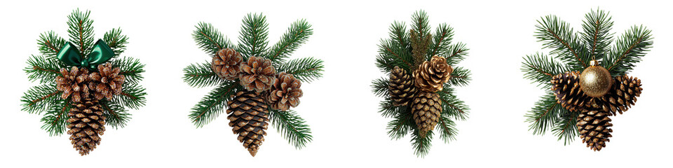 Vibrant pine cones and evergreen branches arranged in a festive display for holiday season Rustic natural backdrop with textured details colors and patterns