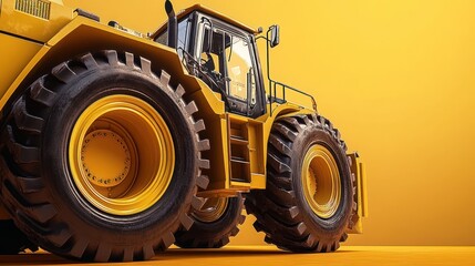 Fototapeta premium Powerful yellow tractor with large tires against a vibrant orange background.