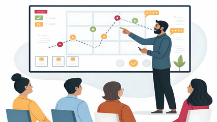 Marketing Manager Presents Customer Journey Map to Stakeholders Highlighting Engagement Opportunities