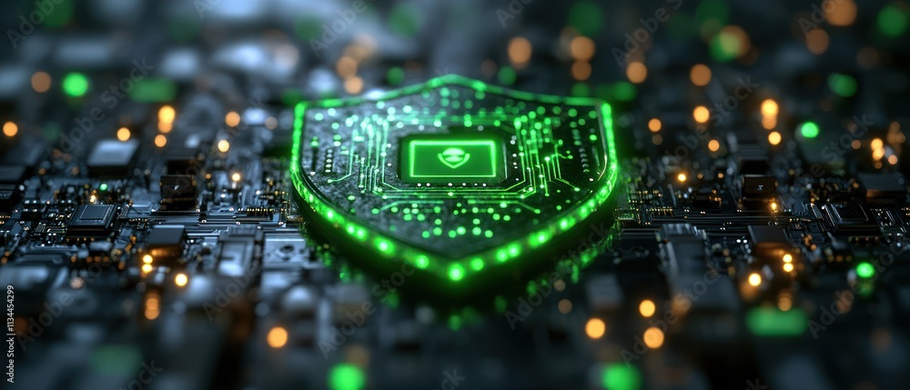 Poster digital shield symbolizing cybersecurity on a circuit board
