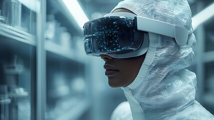 Scientist Conducting Complex Virtual Experiments in Simulated Laboratory with VR Glasses