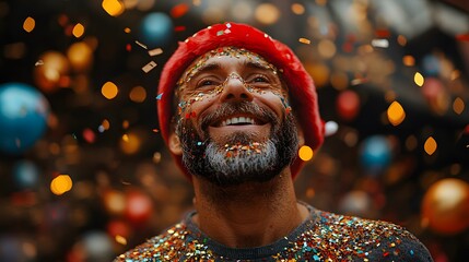 Office celebration with executive in Santa hat, New Year balloons and confetti, wide view