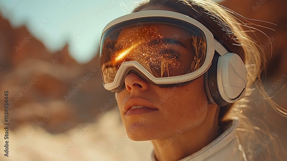 Poster a person operating a virtual spacecraft through a futuristic control room in a galactic simulation