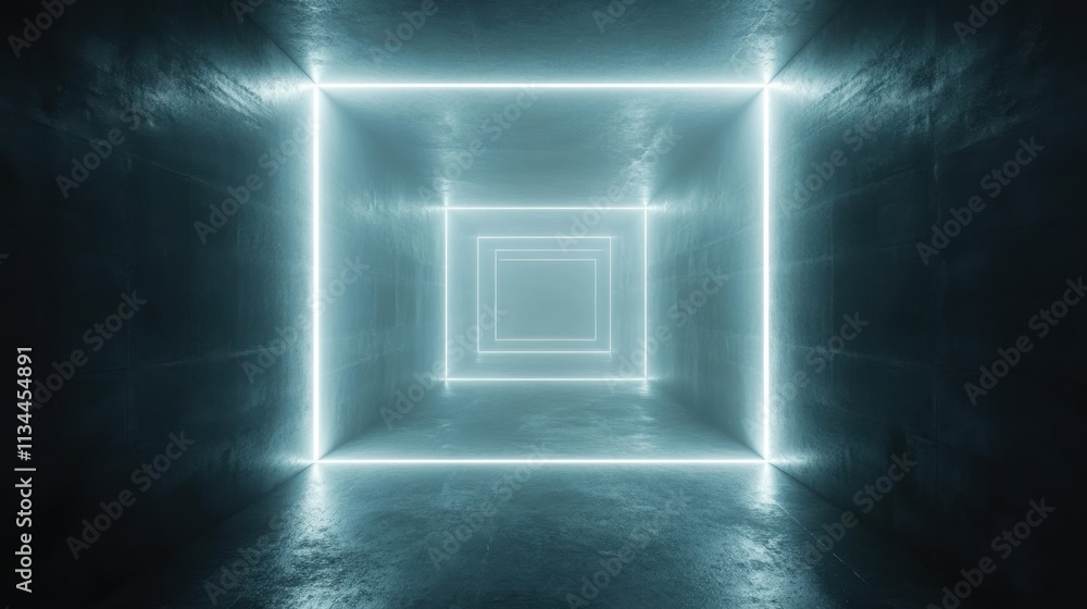Poster illuminated corridor creating an illusion of infinity in a minimalist dark setting