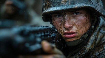 Obraz premium A soldier with a focused expression, covered in mud, aiming a weapon in a combat scene.