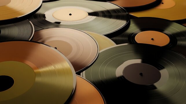 A collection of vinyl records in earthy tones of brown, mustard, and olive green, overlapping in a smooth, organic pattern.