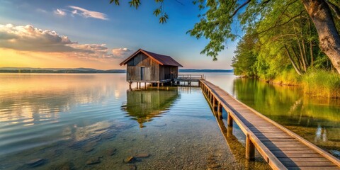 Fototapeta premium Scenic pathway leading to a boat house on the shores of Ammersee in Schondorf, Ammersee, Schondorf, boat house, pathway