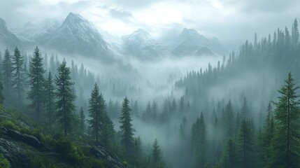 Obraz premium his serene image depicts mist-covered mountains surrounded by lush evergreen trees, with layers of fog cascading through the valleys.