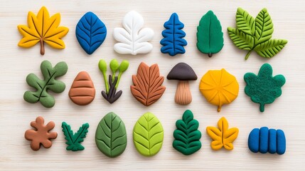 Nature-themed art toys adorned with leaf patterns and earthy hues, exhibited on a charming rustic wooden table.
