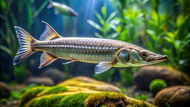 Exotic fish with elongated body and silver coloration swimming in freshwater habitat, exotic fish, notopterus chitala