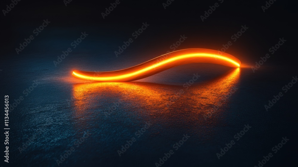 Poster illuminated orange curve casting reflections on a dark surface in a futuristic setting