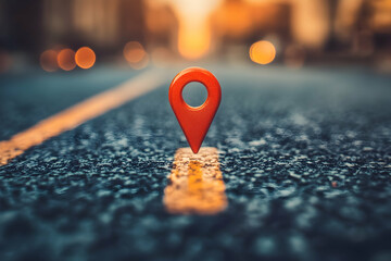 Red location pin on asphalt road, urban background.