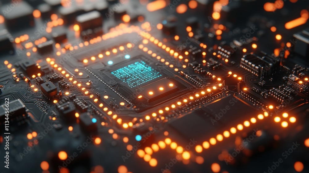 Poster closeup of a circuit board with glowing components