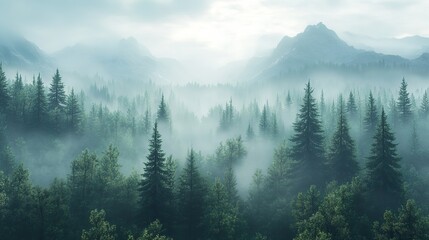 Obraz premium his serene image depicts mist-covered mountains surrounded by lush evergreen trees, with layers of fog cascading through the valleys.