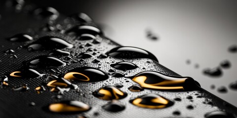 Beads of dark and gold water droplets on a black metallic surface