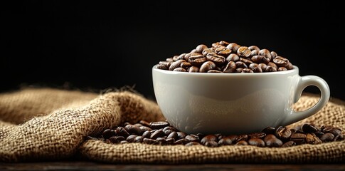 A white cup overflowing with coffee beans, emphasizing their rich texture and aroma, perfect for those who savor premium coffee beans.