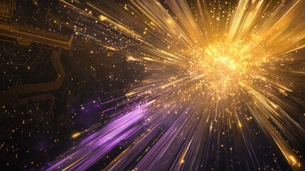 Fototapeta premium A concept design of artificial intelligence and quantum computing, depicting an iridescent explosion of digital waves in gold and violet tones. 