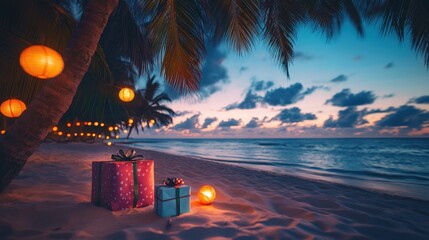 A tropical beach at twilight, with glowing lanterns hanging from palm trees, and colorful wrapped gifts scattered along the sandy shore, creating a warm and magical holiday vibe
