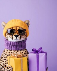 Stylishly Dressed Cheetah Reptile with Gifts Celebrating a Holiday Vacation