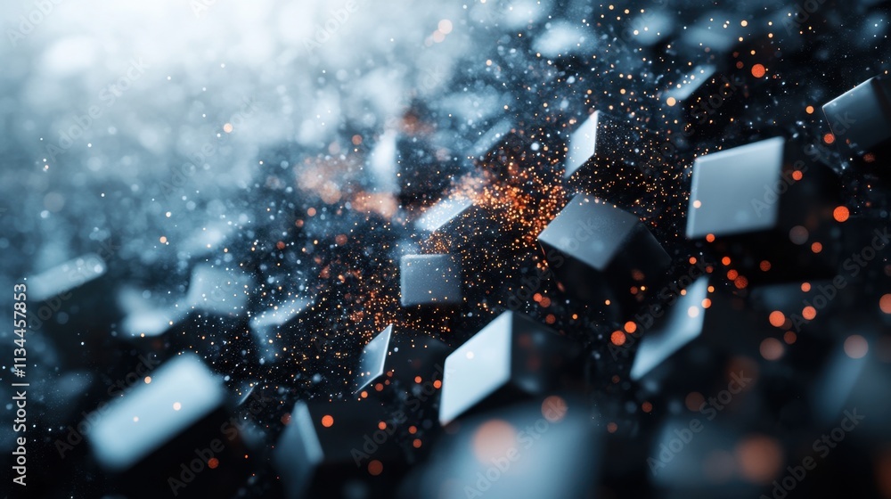 Poster dynamic interplay of light and shadow with floating cubes and sparks creating an abstract digital la