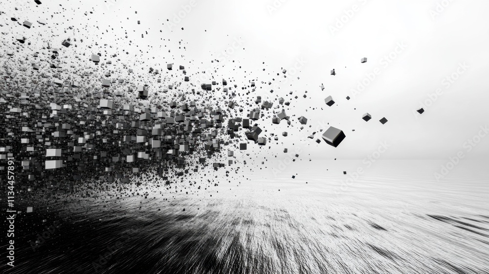 Poster dynamic explosion of geometric shapes over a tranquil water surface at dawn creating an abstract vis