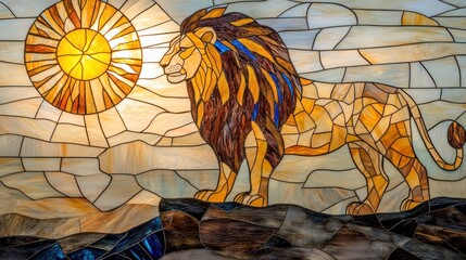 Majestic lion in stained glass artwork with a sun.