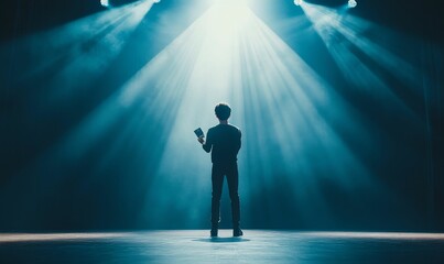 Silhouetted figure holds object, stage lights shine.