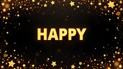 Happy Gold Text with Glittering Stars. Concept of Celebration, Happiness, and Joy.