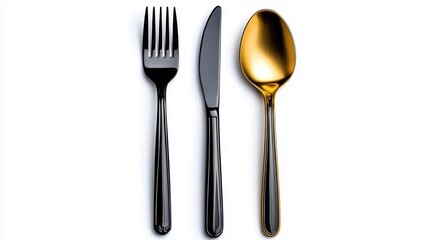 A photostock of a clean, polished spoon and fork arranged neatly on a seamless white background, symbolizing simplicity and dining elegance. High Quality