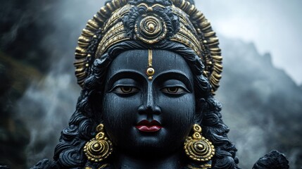 Fototapeta premium Close-up of a dark statue of Krishna, serene face with ornate golden jewelry, mystical atmosphere.