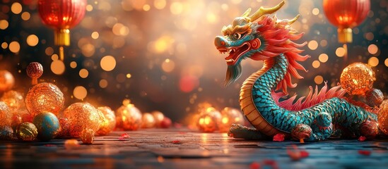 Fototapeta premium Chinese dragon figurine with festive decorations.