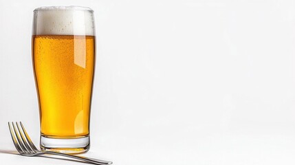 A photostock of a glass of frothy beer with a metal fork beside it, placed on a seamless white background, symbolizing casual dining and refreshment. High Quality