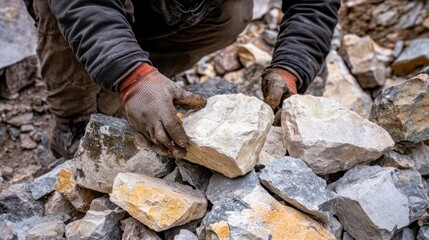 A worker in quarry, examining and sorting rocks.