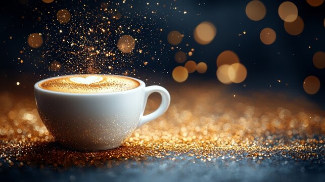 A captivating close-up of a white coffee cup amidst coffee beans and glittering particles, evoking a cozy and welcoming atmosphere, ideal for cafe advertisements, coffee product showcases, or