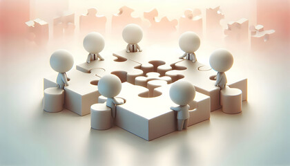 Obraz premium 3D Soft abstract background with team members connecting puzzle pieces copy space below. concept as Team members connecting puzzle pieces on a soft abstract background representing unity and collabora
