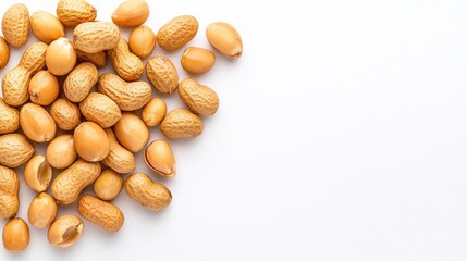 Obraz premium A photostock of a handful of raw peanuts still in their shells, spread naturally on a seamless white background, symbolizing snacking and simplicity. High Quality