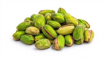 A photostock of a handful of shelled pistachios placed on a seamless white background, symbolizing their natural, nutty flavor and snack appeal. High Quality