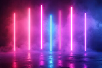 Neon lights illuminate a smoky, futuristic stage Colorful Neon Lights Reflection on Wet Surface Abstract background of endless bright blue and purple neon lights glowing in dark studio	