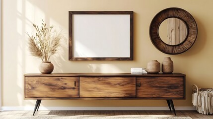 Scandinavian Inspired Modern Living Room with Rustic Wooden Sideboard and Blank Frame Decor