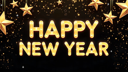Happy New Year golden text with stars. Concept of celebration, holiday, and new beginnings.