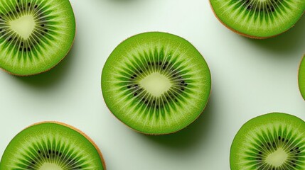 Fototapeta premium A photostock of a kiwi fruit sliced in half, revealing its bright green interior and tiny black seeds, placed on a seamless white background. High Quality