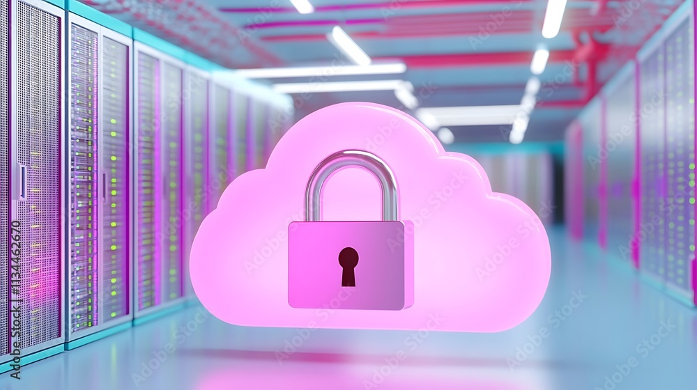 Poster secure cloud storage concept with neon lock symbol representing data protection in a modern data cen