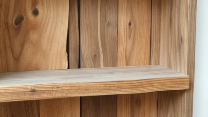 A close-up shot of a rustic wooden shelf with various textures, including rough, smooth, and weathered surfaces, rustic