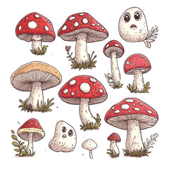 Adorable Mushroom Illustration: A whimsical collection of hand-drawn fungi in various shapes and sizes, showcasing vibrant colors and intricate details.