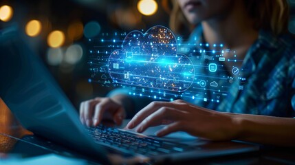 Woman uses laptop, cloud data with icons over screen.