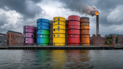 Colorful cylindrical buildings by waterfront with industrial smokestack.