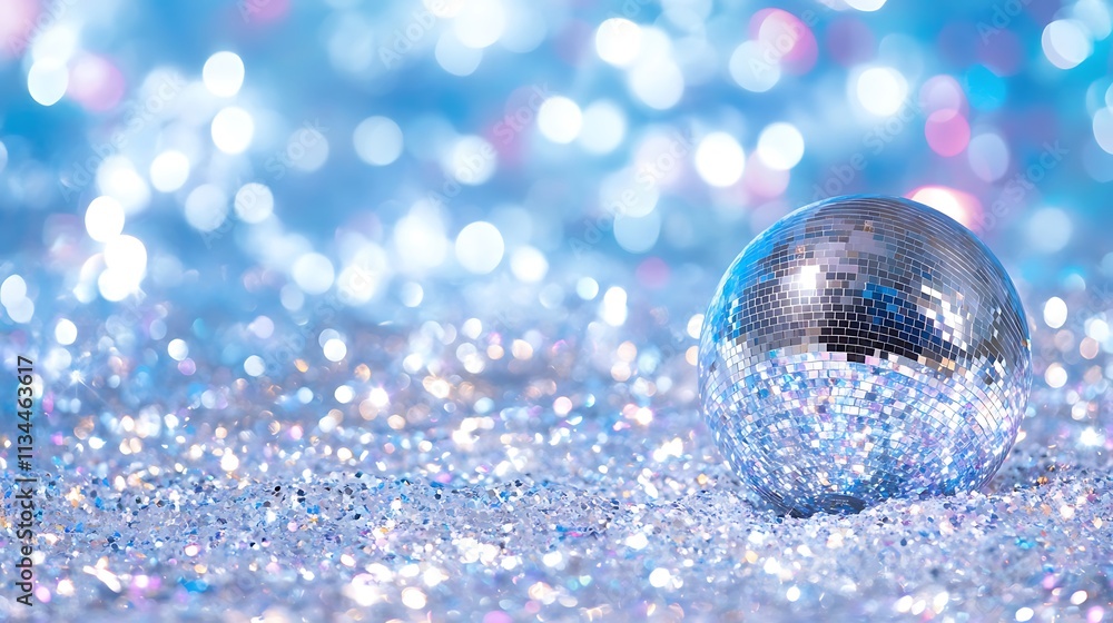 Aufkleber shimmering disco ball hanging from tinsel with colorful bokeh background for festive vibes