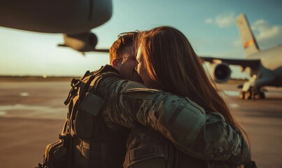 Soldier embraces loved one; airport reunion, sunset.