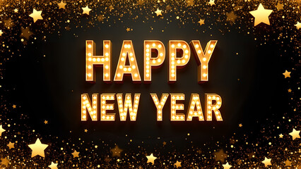 Happy New Year celebration with golden stars. Concept of holiday, party, and event.